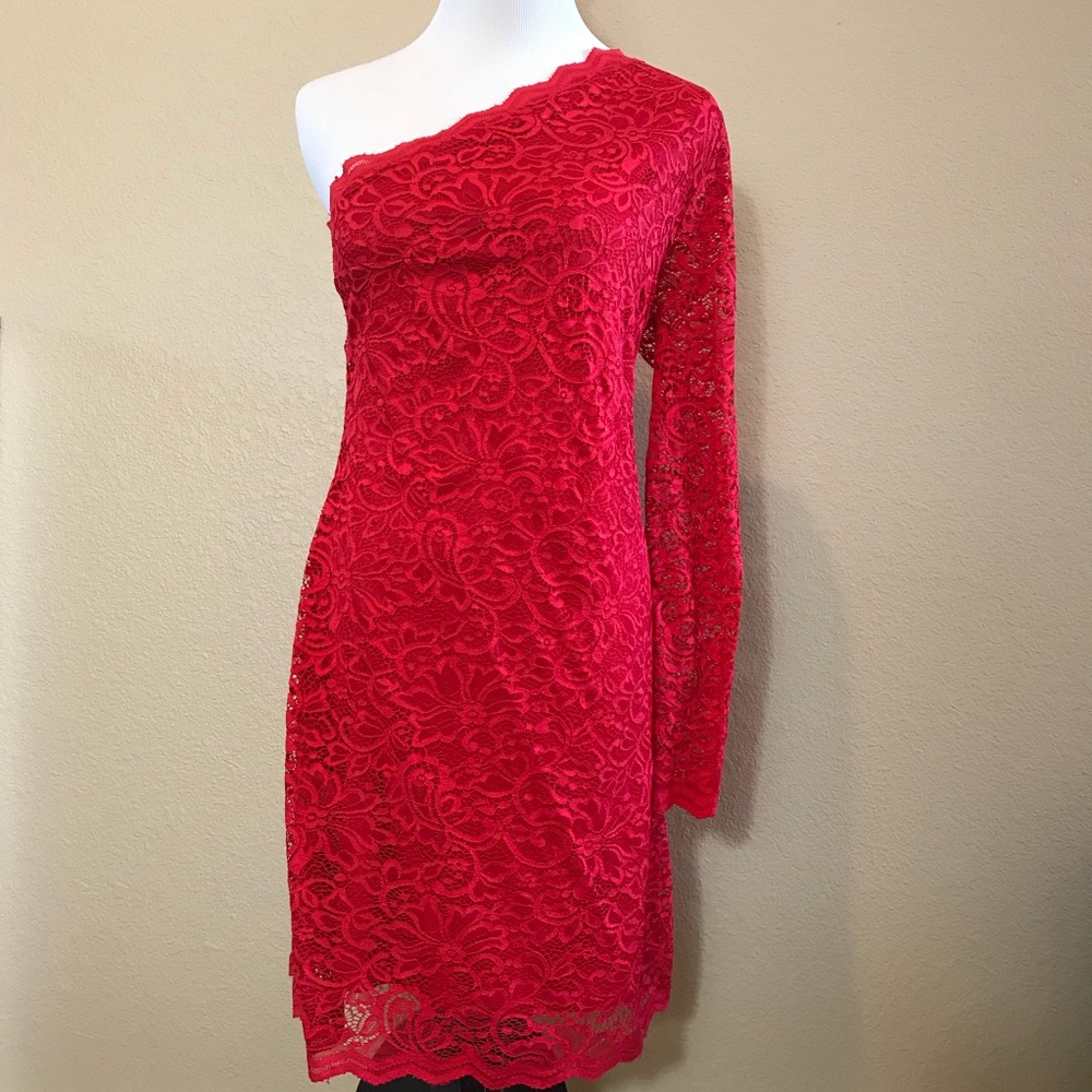 Express Red Lace One Shoulder Puff Sleeve Dress